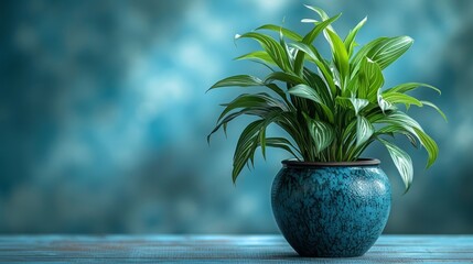   A tight shot of a planted flower in a vase, situated on a table before a blue backdrop, with an out-of-focus background
