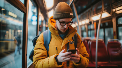 Young man using mobile phone while commuting by public transport.