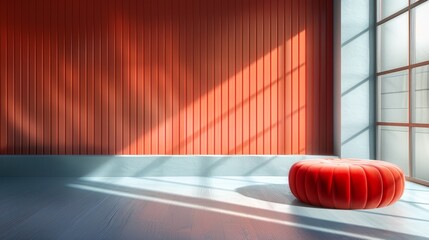   A red stool sits atop a hardwood floor, in front of a red wall and a large window