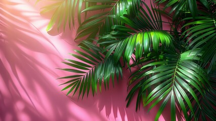 Fototapeta na wymiar A palm tree's close-up with a pink backdrop and a green foreground plant