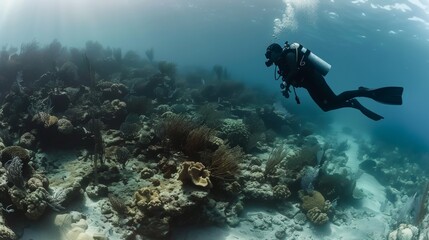 Naklejka na ściany i meble Underwater Explorer Diver's Silhouette Conducting Biodiversity Survey in Vibrant Reef Ecosystem Adventure Exploration and Conservation Concept