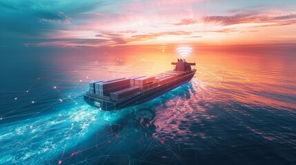 Autonomous Shipping AIPowered Cargo Vessel Charting Course through Futuristic Holographic Seas - obrazy, fototapety, plakaty