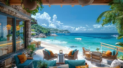 photo of a seaside cafe with the bar , blue sea, blue sky, Luxurious the overall atmosphere feels luxurious yet natural 25