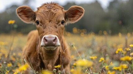 Cow Standing in Field of Yellow Flowers