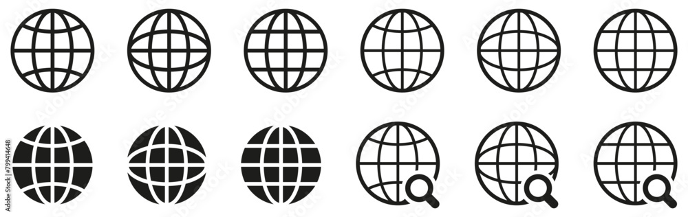 Leinwandbilder world icon - website icon - globe icon with magnifying glass loupe sign - global search icon - Click to go to website sign symbol