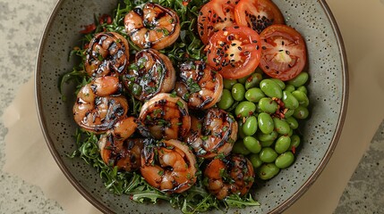   A macro shot of a steaming bowl filled with succulent shrimp, juicy peas, ripe tomatoes, and vibrant broccoli resting on a clean table