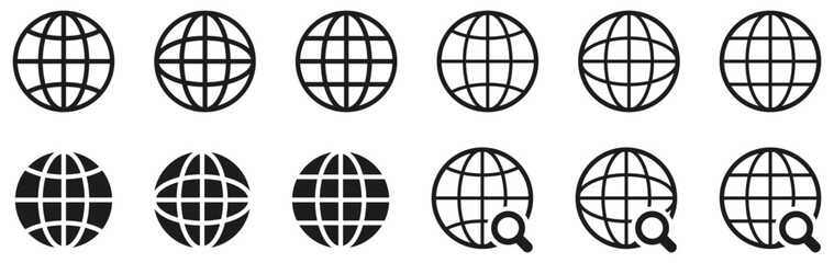 world icon - website icon - globe icon with magnifying glass loupe sign - global search icon - Click to go to website sign symbol
