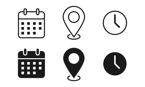 Address location icon. Stopwatch timer icon. Date Calendar icon - Web icons set