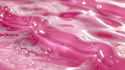   A tight shot of pink liquid with a droplet of water emerging at the surface