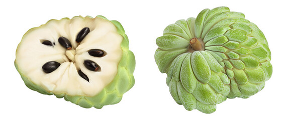 Sugar apple or custard apple half isolated on white background with full depth of field. Exotic...