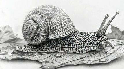   Black and white illustration of a snail atop a leaf, resting on another below