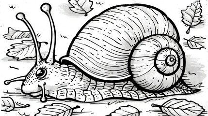   A b&w illustration portrays a snail reclining on the ground amidst autumn foliage in the foreground and a descending leaf in the backdrop