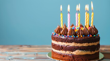 Chocolate Cake With Lit Candles on a Plate