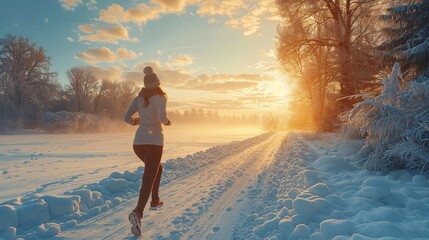 Person Running in Snow at Sunset