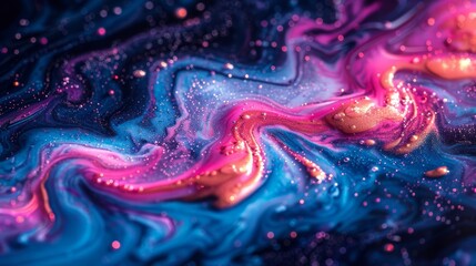   A tight shot of a multicolored liquid swirling in hues of blue, pink, and purple, crowned by water droplets atop