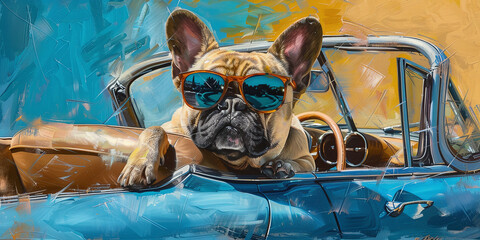 a French bulldog in sunglasses rides in a blue convertible, with a brown leather interior made of acrylic oil, bright paint, large strokes