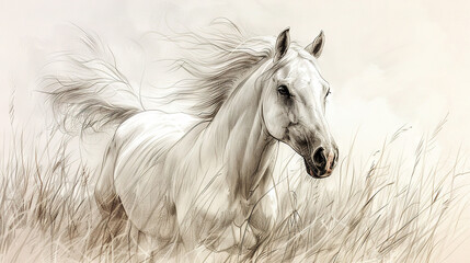   A white horse gallops across a green field, its mane billowing in the wind against a blank canvas