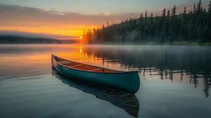 A Forest Green Canoe Floating on a Calm Lake at Sunrise with Mist Rising Off the Water - obrazy, fototapety, plakaty