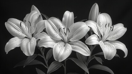   A monochromatic image featuring numerous lilies adorned with dewdrops on their petals against a dark backdrop