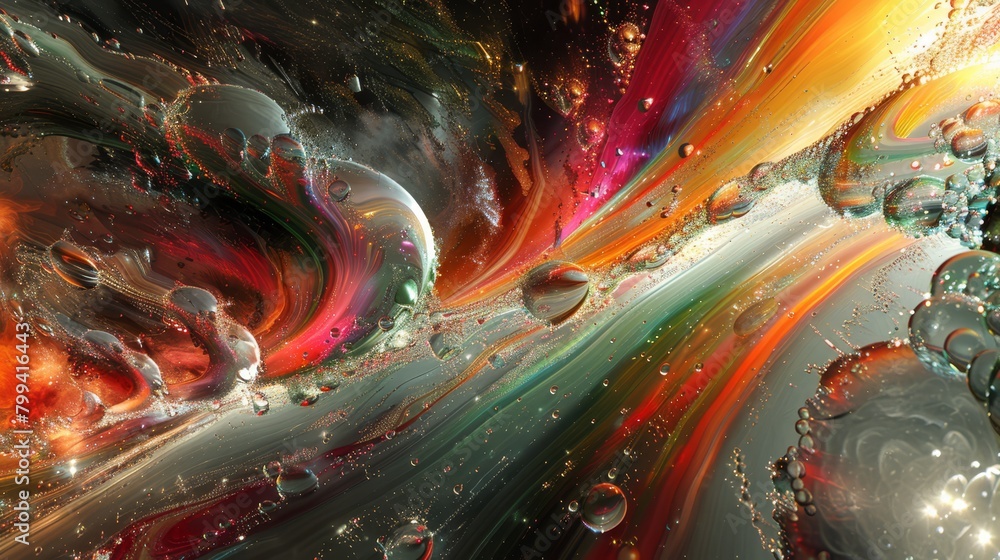 Poster a multicolored abstract background with bubbles and drops of water at the bottom