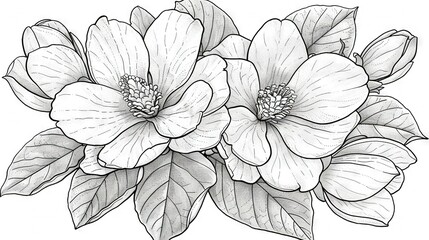   Two-flower illustration in shades of black and white against a pure white backdrop, featuring detailed leafwork at the base