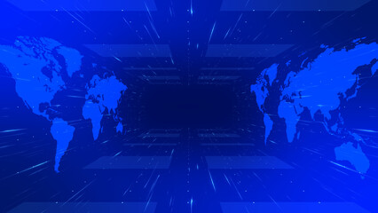 Abstract blue news background with world map and lighting lines texture pattern full screen photo design background