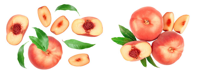 Ripe chinese flat peach fruit and half with leaf isolated on white background with copy space for...