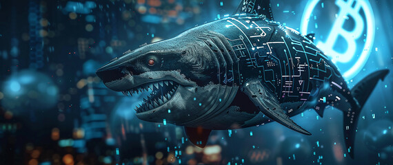 futuristic shark robot on financial cryptocurrency background.