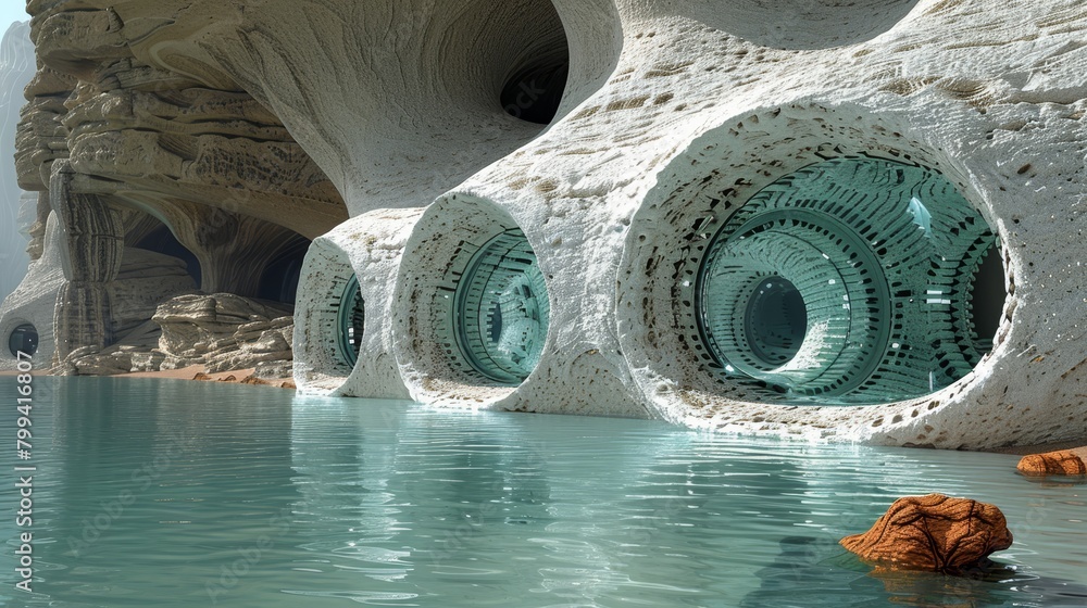 Poster a large building faces a body of water its side features a large circular design