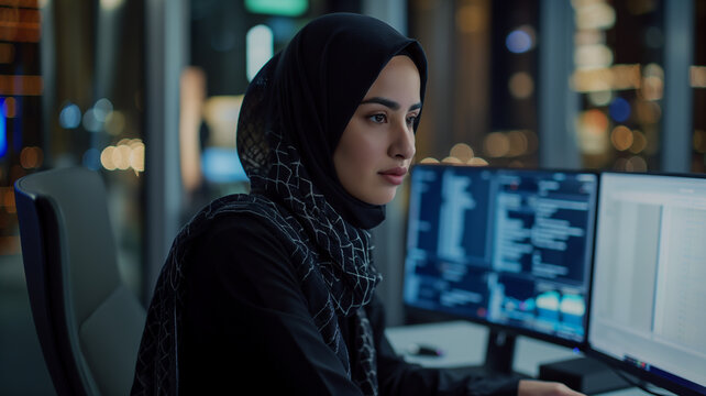 Tech Professional, Black Hijab Businesswoman Conducting Analysis with BI Dashboard and Area Charts