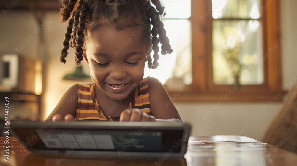 Poster a young child with braids smiling while using a tablet to play with neural network software, they ar