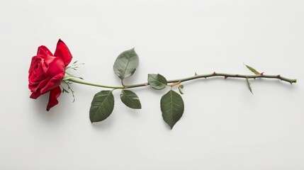 A long stem of red rose on white background