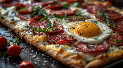   A detailed shot of a pizza with a fried egg atop fresh tomatoes and assorted toppings resting on a table