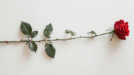 A long stem of red rose on white background