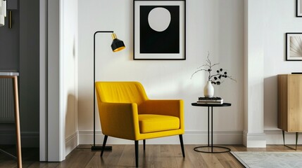 A photo shows an elegant yellow armchair in the center, with a framed poster on the wall