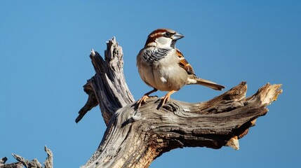 A small sparrow perched on the branch of an old tree against a clear blue sky