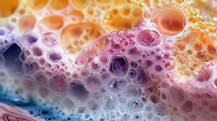   A close-up of various colored soap bubbles in a soapy mixture over water - obrazy, fototapety, plakaty
