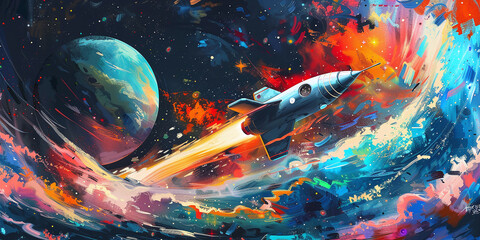 Obraz premium a rocket flying in space planet colorful from acrylic oil bright paint large strokes