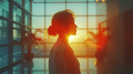 Woman Standing in Front of Window at Sunset