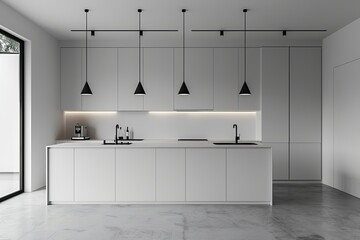 A photo of a small, minimalist Burgundian kitchen with white kitchen cabinets and black handles - obrazy, fototapety, plakaty