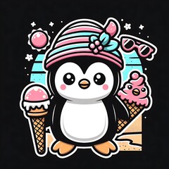 adorable kawaii style penguin ice cream