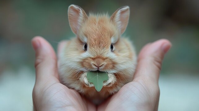   A close-up of a person's hand cradling a small, furry brown bunny, its tiny teeth chomping on a green leaf