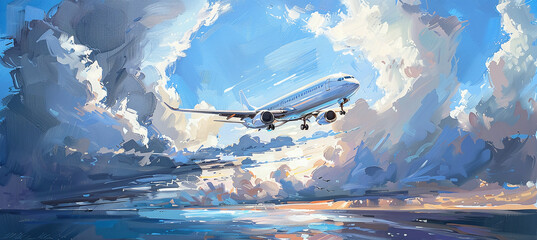 A white plane flies over the water among the clouds, casting a shadow from acrylic oil.