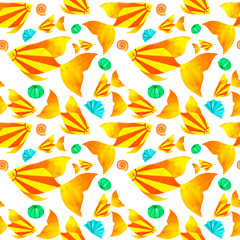 Yellow fish and seashells. Marine underwater sea animal seamless pattern, watercolor art in ocean kids style, for decor children, package, scrapbook, school, nursery, invitation, print, postcard