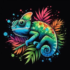 Cute chameleon watercolor flowers tropical