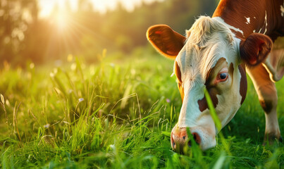 cow grazing on a lush field