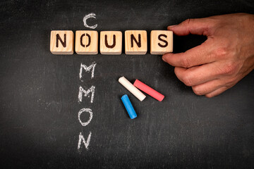 COMMON NOUNS. Wooden block crossword puzzle and pieces of chalk on a chalkboard background