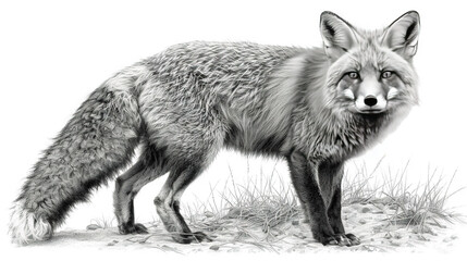   A monochrome illustration of a fox perched amidst green grass and rocky terrain against a pure white backdrop