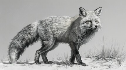   Fox on Snowy Ground with Grass Field and Gray Sky