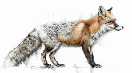   Red fox on white background with head turned right and tail left